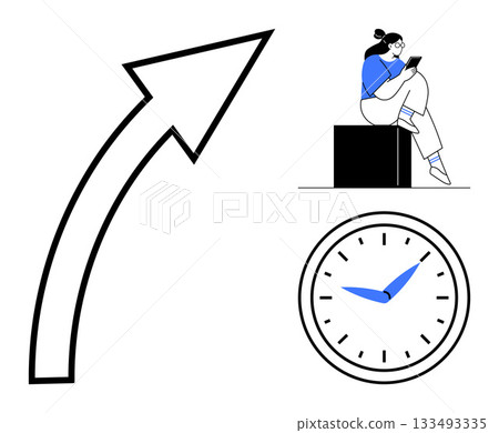 Upward arrow indicating progress, individual reading on device, and clock with blue hands. Ideal for education, productivity, growth, success, time management learning digital media. Line metaphor 133493335