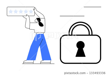 Person adjusting a five-star rating next to a large padlock icon. Ideal for customer feedback, security, online reviews, privacy, trust, user experience, digital safety. Line metaphor 133493336