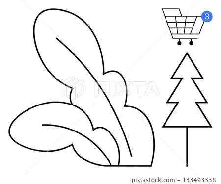 Black and white line art featuring large leaves, a simple pine tree, and a shopping cart icon with a notification bubble showing the number three. Ideal for e-commerce, environment, nature, shopping Black and white line art featuring large leaves, a simple pine tree, and a shopping cart icon with a notification bubble showing the number three. Ideal for e-commerce, environment, nature, shopping 133493338