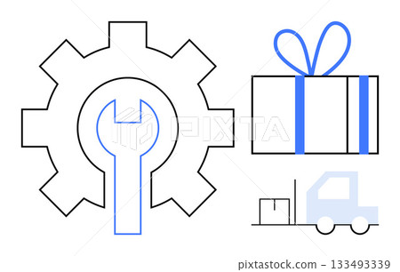 Gear with wrench inside, gift box with ribbon, and delivery truck with packages. Ideal for logistics, maintenance, delivery services, e-commerce, gift services, customer satisfaction process 133493339