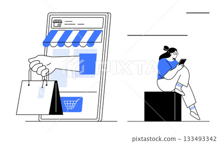 Large smartphone screen showing online store interface and hand holding shopping bags, woman sits on block using tablet. Ideal for e-commerce, online shopping, retail, mobile apps, technology Large smartphone screen showing online store interface and hand holding shopping bags, woman sits on block using tablet. Ideal for e-commerce, online shopping, retail, mobile apps, technology 133493342