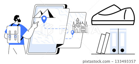 Traveler with backpack points at digital map showing route between mountains and castle, bookshelves, and shoe drawing. Ideal for travel planning, education, technology, navigation apps, adventure Traveler with backpack points at digital map showing route between mountains and castle, bookshelves, and shoe drawing. Ideal for travel planning, education, technology, navigation apps, adventure 133493357
