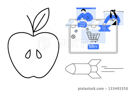 Computer screen showing online shopping items, cashback, and discount. Apple with seed cut. Ideal for e-commerce, technology, food industry, speed efficiency marketing consumer behavior. Line 133493358