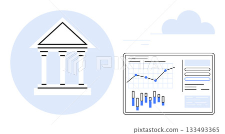 Government building beside a data report screen with charts and graphs under a blue cloud. Ideal for finance, banking, government, data analysis, economics, technology, web design. Line metaphor Government building beside a data report screen with charts and graphs under a blue cloud. Ideal for finance, banking, government, data analysis, economics, technology, web design. Line metaphor 133493365