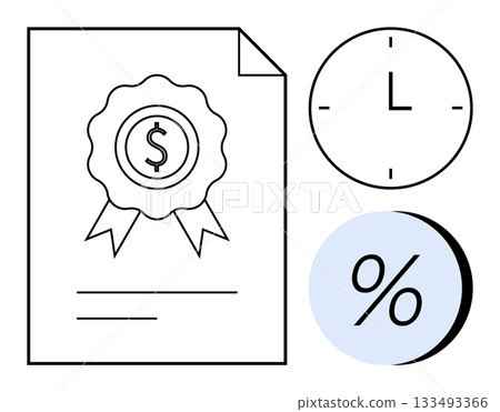 Document with dollar badge, clock indicating time, and percentage sign on blue circle illustrating financial themes. Ideal for finance, banking, contracts, loans, investments, savings, and interest Document with dollar badge, clock indicating time, and percentage sign on blue circle illustrating financial themes. Ideal for finance, banking, contracts, loans, investments, savings, and interest 133493366