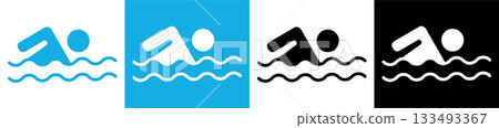 Swimming icons vector set in stroke line style. Linear outline illustration showing swimming signs, safety rules and prohibition symbols for beach zone and pool area. 133493367