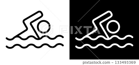 Vector swimming icons in thin outline style. Line design representing swimming signs, prohibition marks and beach or pool safety guidelines. Vector swimming icons in thin outline style. Line design representing swimming signs, prohibition marks and beach or pool safety guidelines. 133493369