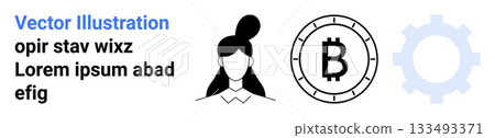 Woman avatar with hair bun, Bitcoin symbol inside a circle, and a semi-transparent gear outline. Ideal for tech, finance, cryptocurrency, minimalism, business, modern design, landing pages 133493371