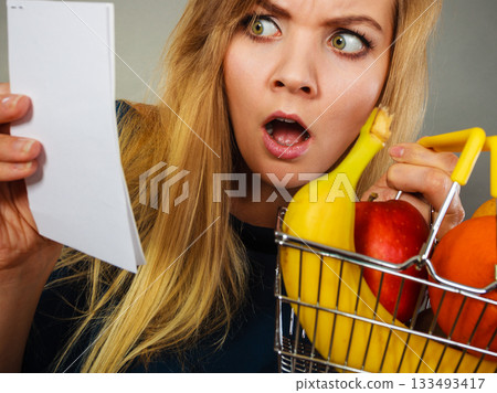 Shocked woman holding shopping basket with fruits Shocked woman holding shopping basket with fruits 133493417