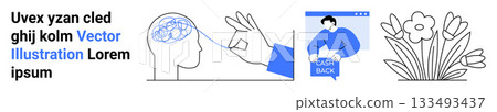 Brain analysis with hand, cashback on mobile, blooming flowers. Ideal for education, finance, healthcare, marketing, floral design, digital media, presentations Landing page 133493437