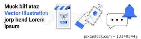 Text about vector illustration, mobile shopping app with a buy button, smartphone with tick mark, message bubble with notification bell. Ideal for e-commerce, mobile apps, marketing, notifications Text about vector illustration, mobile shopping app with a buy button, smartphone with tick mark, message bubble with notification bell. Ideal for e-commerce, mobile apps, marketing, notifications 133493442