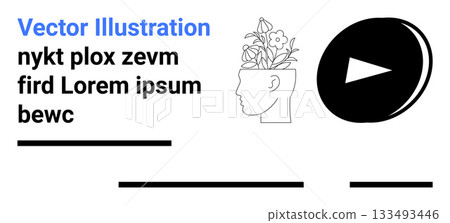 Head with blooming flowers, play button, and text lines. Ideal for website design, branding, mental health themes, educational content, social media, print materials, and marketing campaigns. Landing 133493446