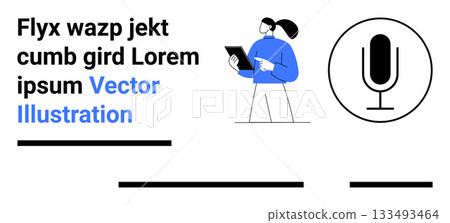 Person holding a tablet, speaking icon with microphone. Ideal for communication tools, digital media, podcasting, webinars, presentations, online tutorials, tech blogs, marketing. Landing page Person holding a tablet, speaking icon with microphone. Ideal for communication tools, digital media, podcasting, webinars, presentations, online tutorials, tech blogs, marketing. Landing page 133493464