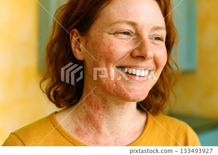 Close-up of Woman with Red Hair and Freckles Smiling Warmly Outdoors 133493927