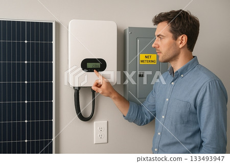 Man Checking Solar Energy System Display with Solar Panel and Net Metering Box on Wall Man Checking Solar Energy System Display with Solar Panel and Net Metering Box on Wall 133493947