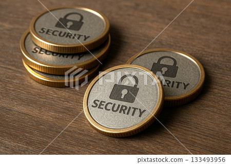 Stack of Golden Coins with Security Lock Symbol and Text on Wooden Surface Representing Protection and Safety 133493956