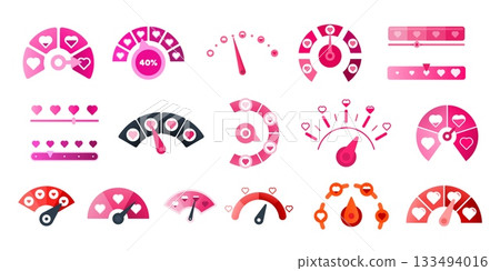Love meters. Heart level scale cartoon indicator, valentine day ui romantic design test gauge measure arrow rate loading progress bar, infographic icons kicky vector illustration 133494016