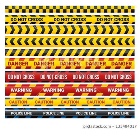 Cartoon caution tape. Do not cross line, yellow black stripe tapes police crime scene danger emergency safety sign hazard ribbon accident construction, kicky vector illustration 133494017