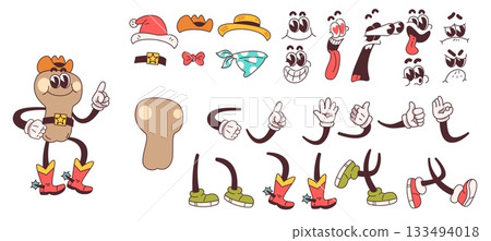 Retro mascot kit. Vintage groovy cartoon character parts, hands arm leg faces eye mouth abstract comic mascots gestures poses expression 70s stickers, classy vector illustration 133494018