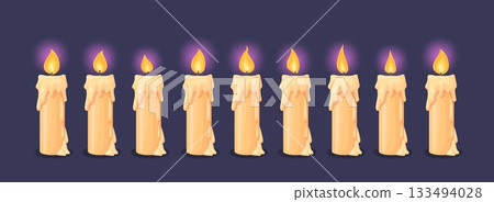 Candle flame animation. Candlelight burning wax fire animation, 2d video game sprite sheet movement flickering sequence step cartoon candles stage loop, neat vector illustration 133494028
