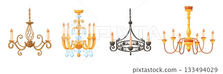 Cartoon vintage chandeliers. Classic chandelier with candles, gold candlestick hanging ceiling with crystals antique old lamp for medieval castle interior, neat vector illustration Cartoon vintage chandeliers. Classic chandelier with candles, gold candlestick hanging ceiling with crystals antique old lamp for medieval castle interior, neat vector illustration 133494029