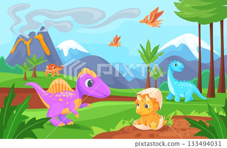 Dinosaur habitat. Dinosaurs world scene, jurassic period forest jungle nature cartoon landscape, volcano mountain prehistoric dino animal era background, neat vector illustration Dinosaur habitat. Dinosaurs world scene, jurassic period forest jungle nature cartoon landscape, volcano mountain prehistoric dino animal era background, neat vector illustration 133494031