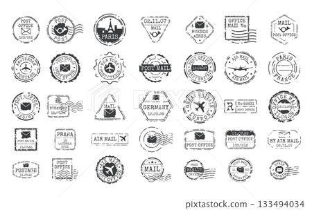 Grunge postage stamps. Vintage post stump for travel postcard, old mail letter postal card retro airmail antique seal border frame postmark element set, kicky vector illustration 133494034