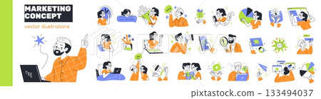 Social media marketing. Business startup digital promotion campaign, creative post online advertising internet mobile phone app design outline icon set classy vector illustration 133494037