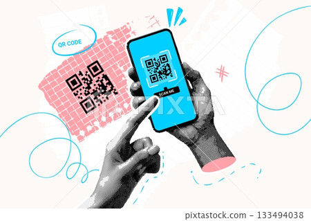 Qr code collage. Smartphone scan qr code for online pay in store, phone frame social media mobile sticker retro magazine halftone collage cutout paper, exact vector illustration Qr code collage. Smartphone scan qr code for online pay in store, phone frame social media mobile sticker retro magazine halftone collage cutout paper, exact vector illustration 133494038