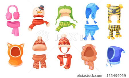 Kids winter beanie. Children warm hats and scarf, child cap hat with pompon earmuffs knit woolen headwear earflaps baby christmas or autumn head wear, set neat vector illustration Kids winter beanie. Children warm hats and scarf, child cap hat with pompon earmuffs knit woolen headwear earflaps baby christmas or autumn head wear, set neat vector illustration 133494039