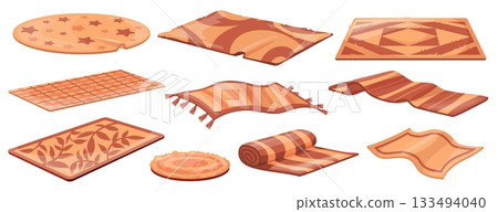 Cartoon wool carpets. Brown craft rugs, mat traditional flooring cozy home interior living room floor decoration oriental rug roll doormat soft carpet set, neat vector illustration Cartoon wool carpets. Brown craft rugs, mat traditional flooring cozy home interior living room floor decoration oriental rug roll doormat soft carpet set, neat vector illustration 133494040