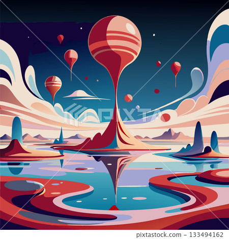 Futuristic landscape with floating spheres and abstract shapes in a surreal environment Futuristic landscape with floating spheres and abstract shapes in a surreal environment 133494162