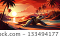 Serene beach sunset featuring a sea turtle and palm trees 133494177