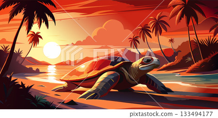 Serene beach sunset featuring a sea turtle and palm trees 133494177