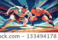 Intense Sumo Wrestlers Clashing in Traditional Japanese Arena 133494178