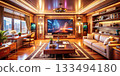 Sleek Futuristic Living Room with Neon Glow and Wall-Mounted Screen 133494180