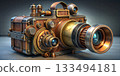A steampunk camera with a prominent brass lens and various dials set against a gradient blue background 133494181
