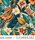 Exotic Jungle Seamless Pattern with Colorful Flowers and Green Leaves 133494182