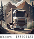 Modern Truck Traveling Through a Forested Mountain Road 133494183