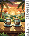 Morning coffee in tropical paradise with sunrise over mountains and palm trees 133494184