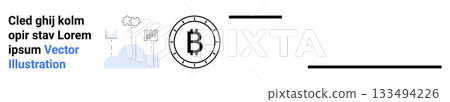 Bitcoin symbol in circle represents cryptocurrency. Cloud with server and data icons depicts cloud computing. Simple text on an off-white background said Lorem ipsum. Ideal for finance, technology 133494226