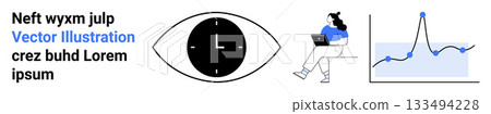 Eye with clock, person on a chair with a laptop, and a graph. Ideal for time management, data analysis, productivity tools, business strategy, remote work, performance tracking. Landing page Eye with clock, person on a chair with a laptop, and a graph. Ideal for time management, data analysis, productivity tools, business strategy, remote work, performance tracking. Landing page 133494228