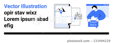 Map view on tablet with navigation pin and landmarks, person holding cashback sign. Ideal for travel, tourism, user interface, navigation, landmarks, finance, and online transactions. Landing page 133494229