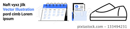 Calendar, ID badge and casual shoe icons. Ideal for event planning, personal identification, schedules, appointments, conferences, casual wear, branding. Landing page 133494231