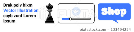 Chess piece with text on the left, a video player in the center, and a speech bubble with shop button on the right. Ideal for e-commerce, tutorials, shopping, education, and marketing. Banner 133494234