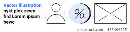 Person icon, envelope, percentage symbol in black and blue. Ideal for communication, finance, marketing, email campaigns, user interfaces, educational tools, corporate presentations. Landing page Person icon, envelope, percentage symbol in black and blue. Ideal for communication, finance, marketing, email campaigns, user interfaces, educational tools, corporate presentations. Landing page 133494235