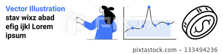 Businesswoman pointing at chart representing financial data and graph trends, with coin icon symbolizing currency and investment. Ideal for financial analysis, business strategy, data presentation 133494236