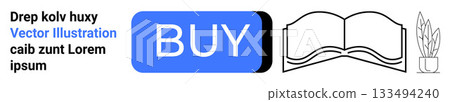 Blue buy button, an open book, potted plant, and placeholder text. Ideal for e-commerce, online shopping, digital products, website elements, education, reading, and home decor. Landing page 133494240