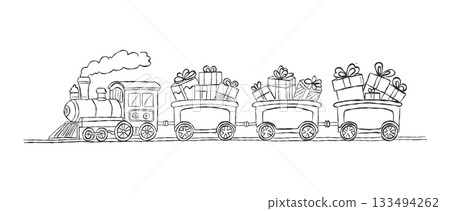 Hand drawn Christmas gift train illustration with vintage sketch style, festive holiday scene of locomotive carrying presents 133494262