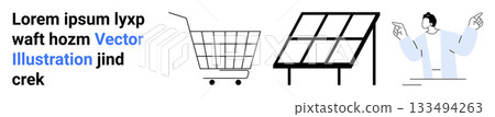 Shopping cart, solar panel, and person presenting with placeholder text. Ideal for e-commerce, renewable energy, technology presentations, sustainability, and business solutions. Banner for landing Shopping cart, solar panel, and person presenting with placeholder text. Ideal for e-commerce, renewable energy, technology presentations, sustainability, and business solutions. Banner for landing 133494263